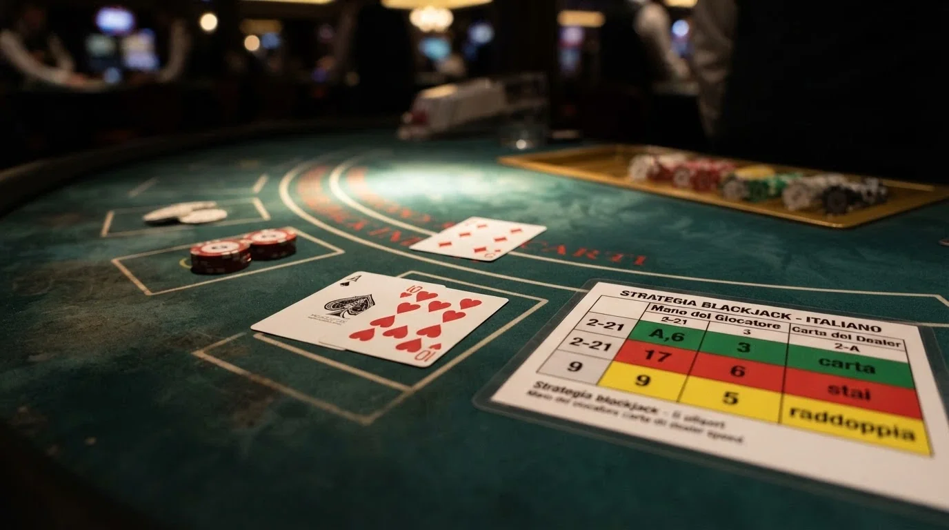 Una mano di blackjack con le carte del giocatore e del banco visibili, accanto a un foglio con la tabella della strategia di base