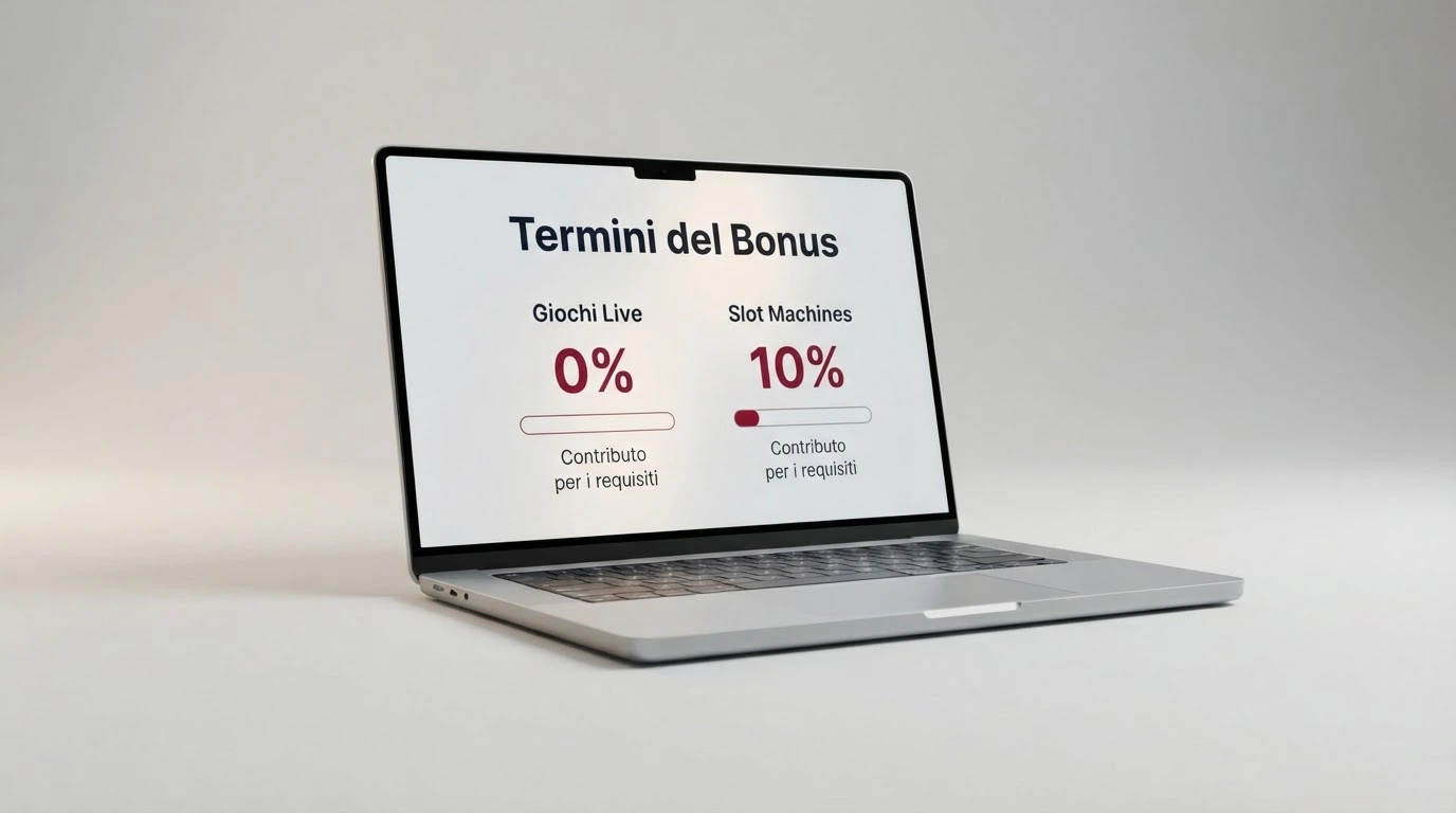 Uno schermo che mostra i termini di un bonus con il rollover e la contribuzione live evidenziati